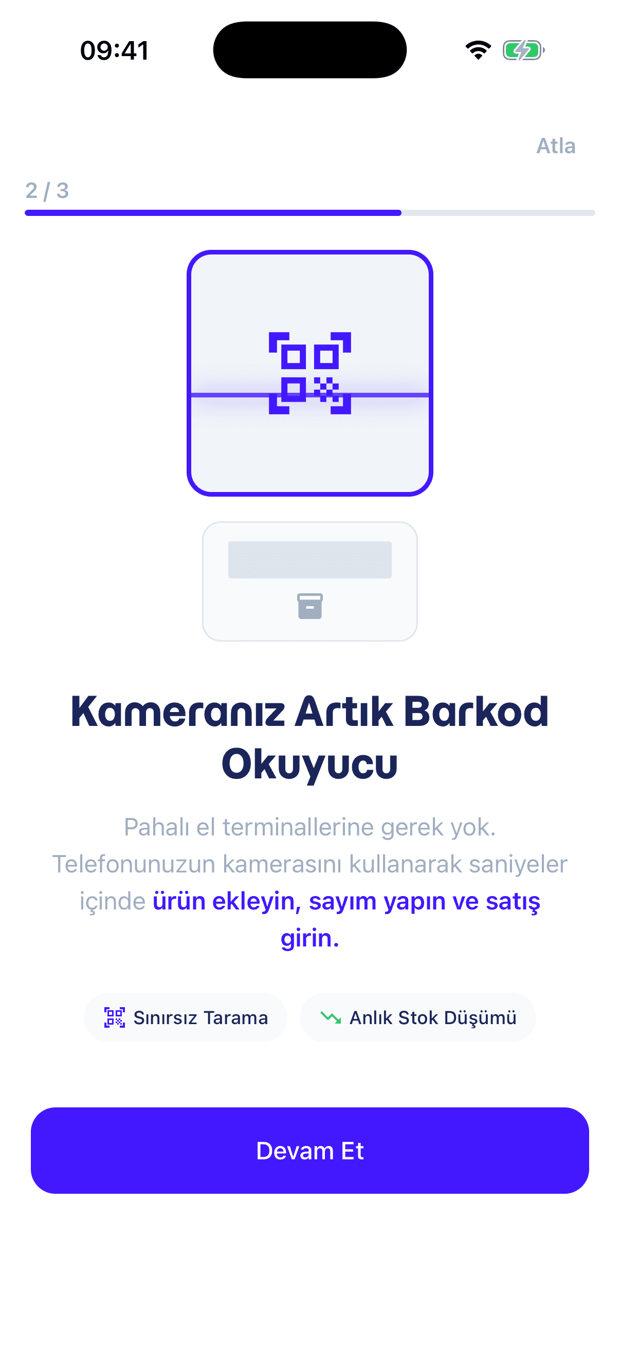 Önmuhasebeciniz mobil uygulamasında 'Kameranız artık barkod okuyucu' karşılama ekranı