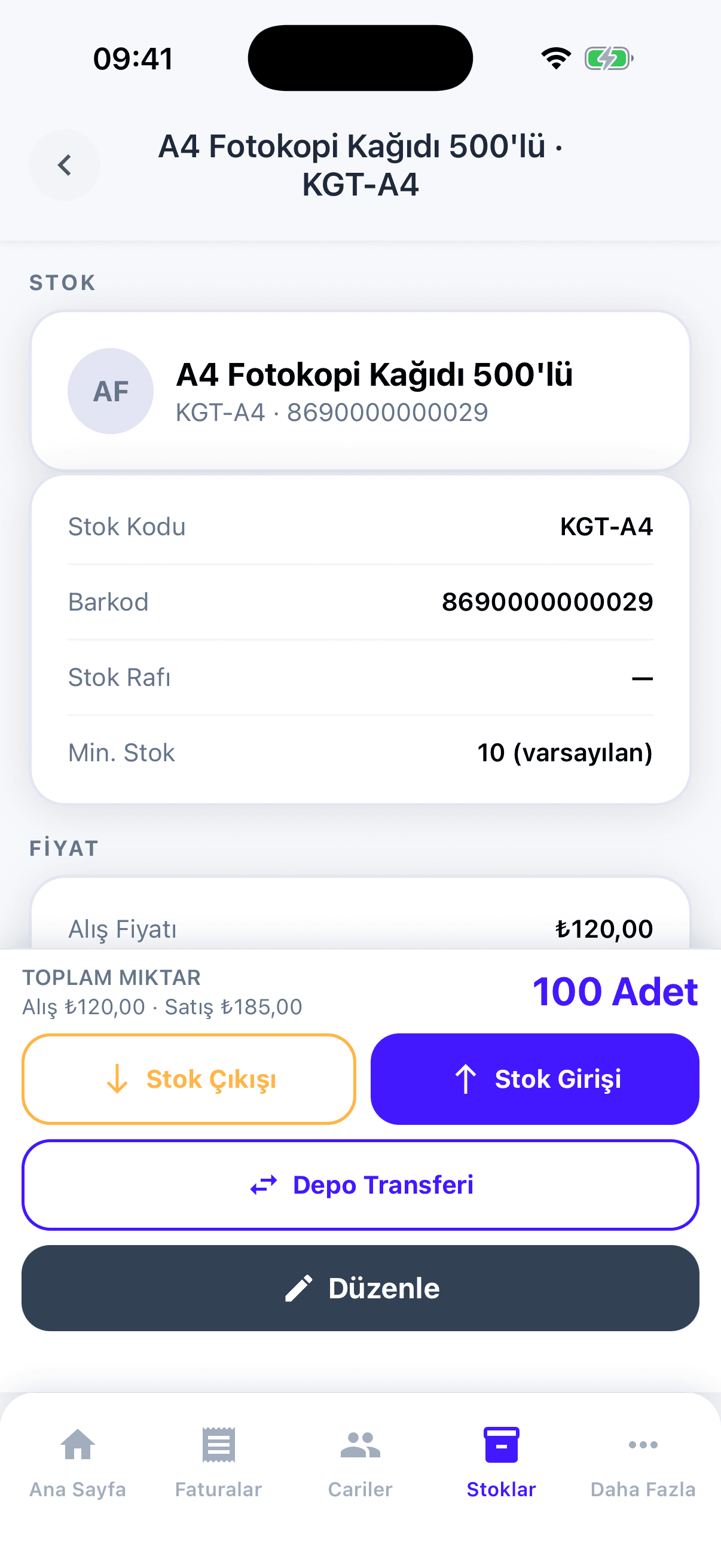 Mobil stok kartı: stok kodu, 8690000000029 barkodu, miktar ve stok giriş/çıkış butonları