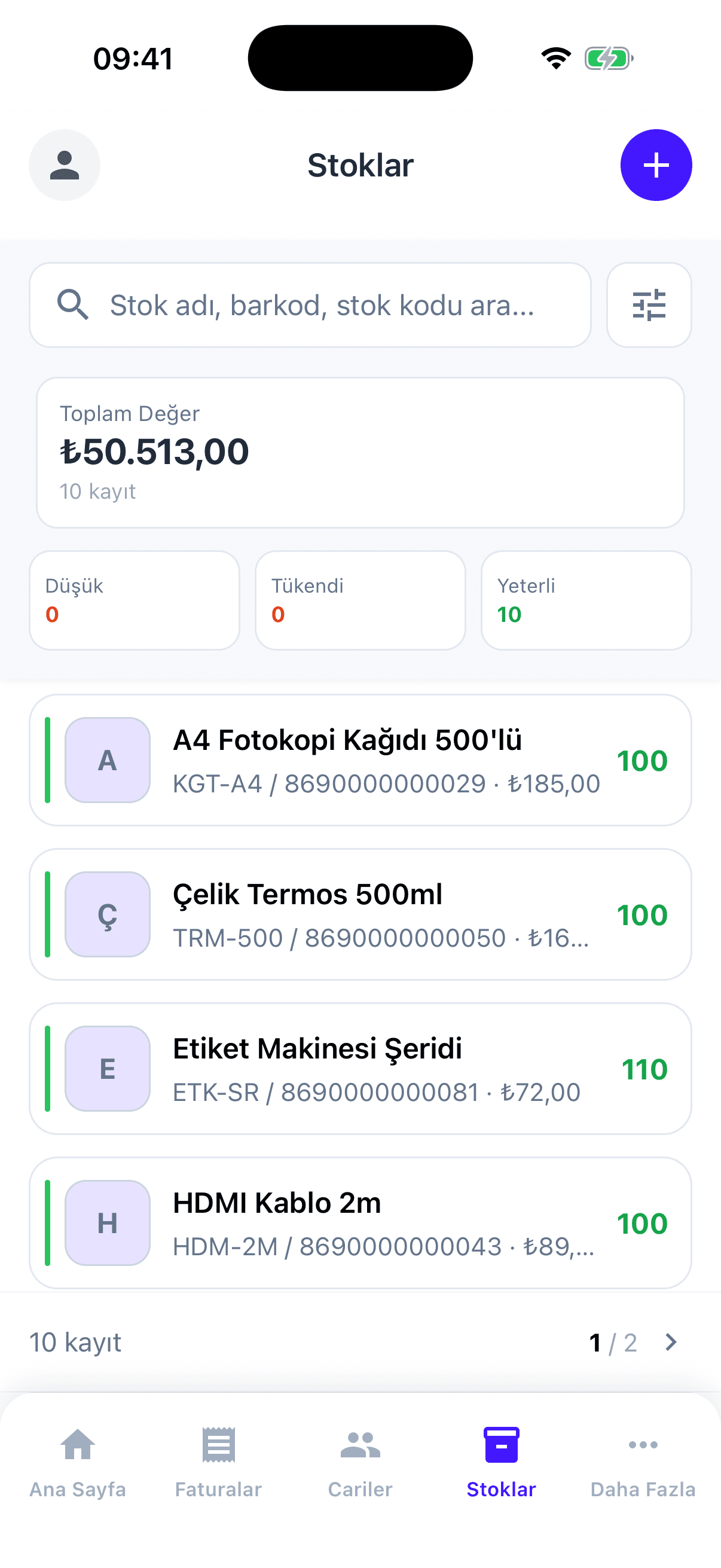Mobil stok listesi: ürünler, miktarlar ve stok durumu